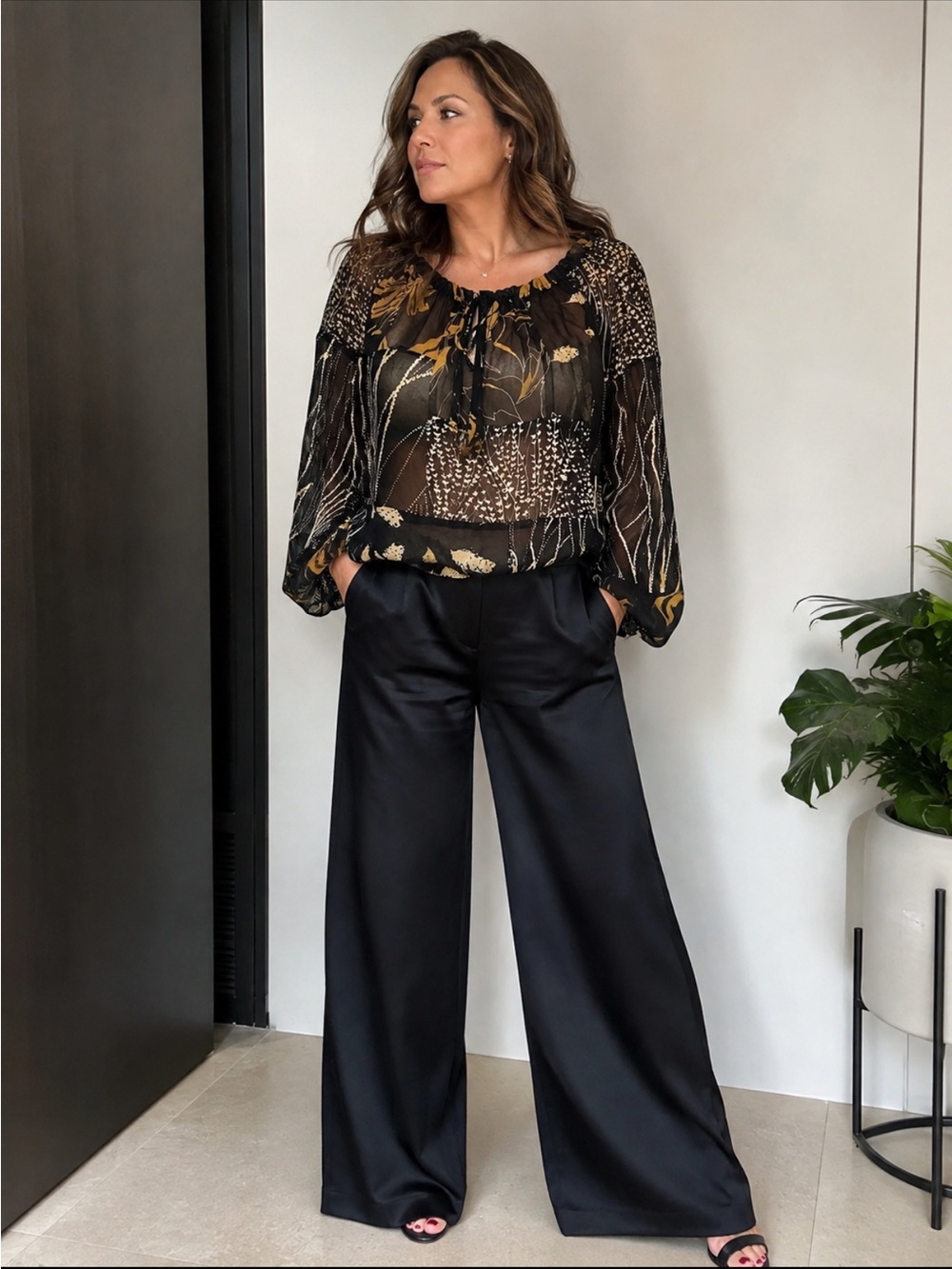 Vintage Silk Floral Peasant Blouse - Black and Tan